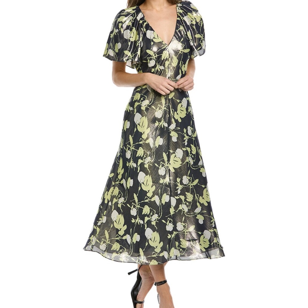 Tanya Taylor Evette Silk/Linen Black Blend Midi Dress with Green Floral Print